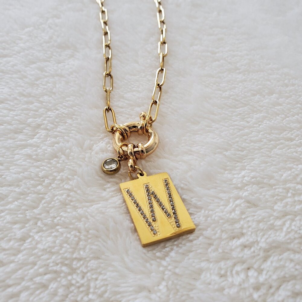 Mint & Lily Pave Initial Pendant Necklace Paperclip Chain w/initial "W"